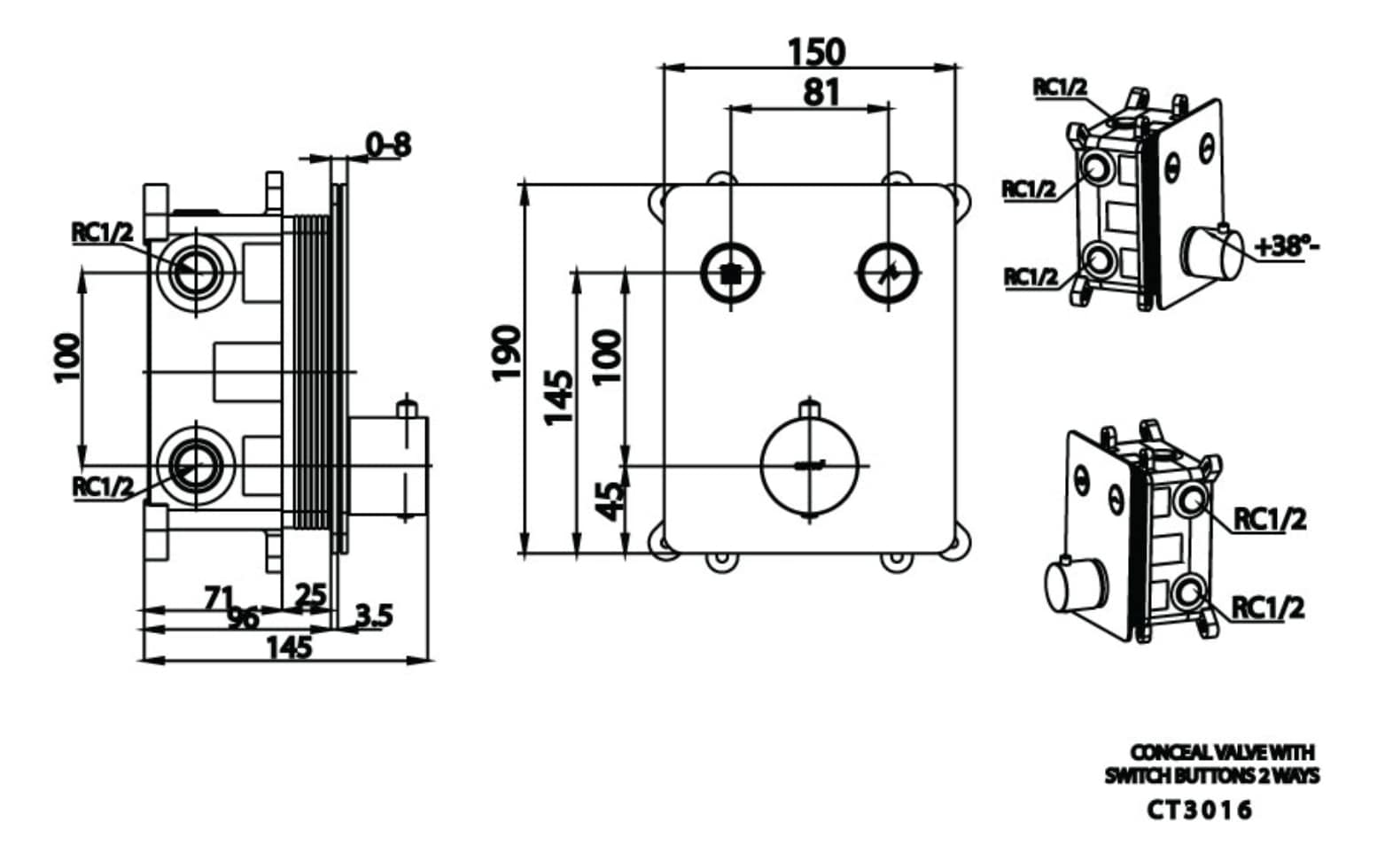 Van điều chỉnh âm tường COTTO CT3016 nhiệt độ nóng lạnh kèm van chuyển hướng 2 đường nước Switch