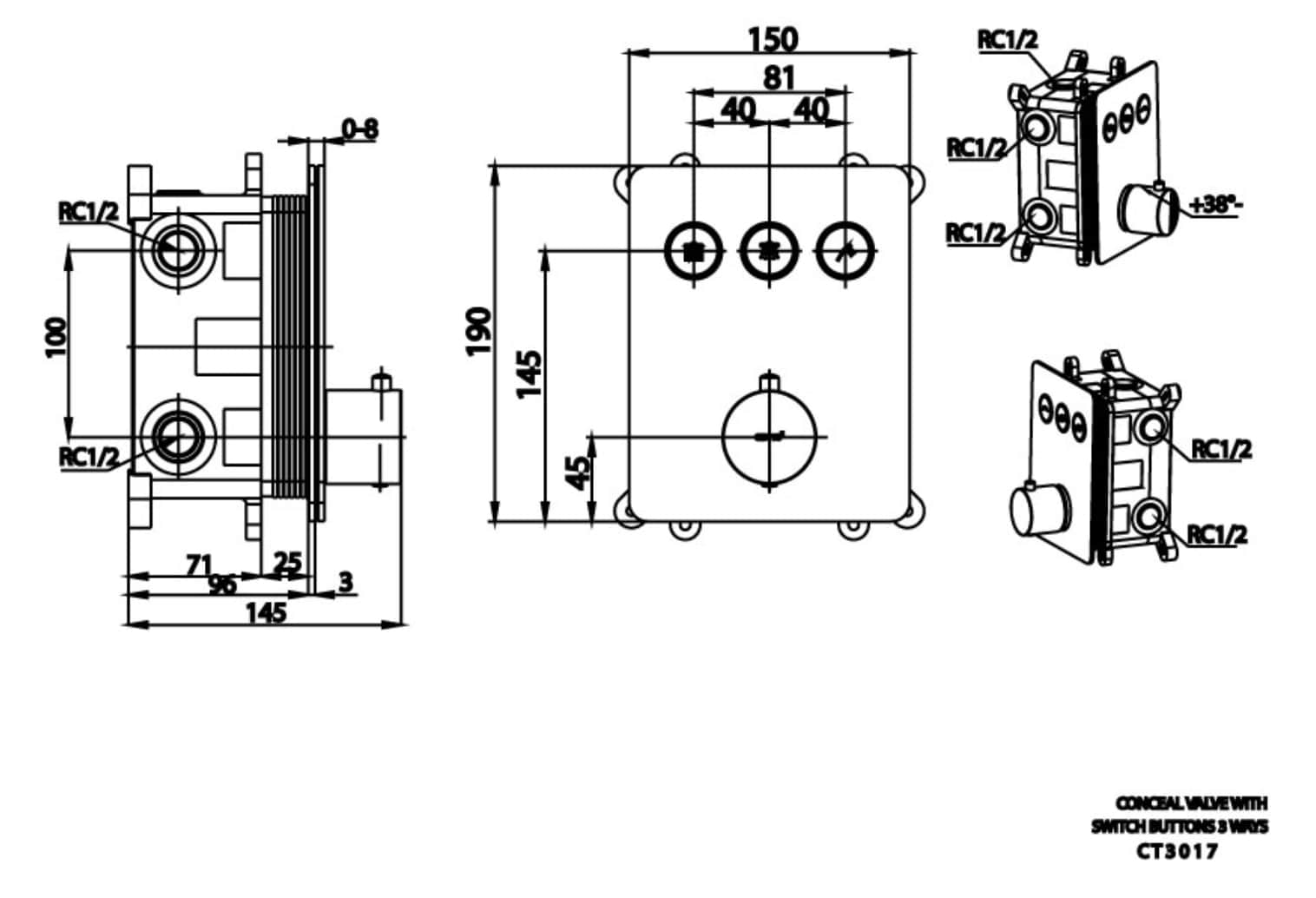 Bản vẽ kỹ thuật van điều chỉnh nhiệt độ sen tắm âm tường nóng lạnh CT3017 3 đường nước