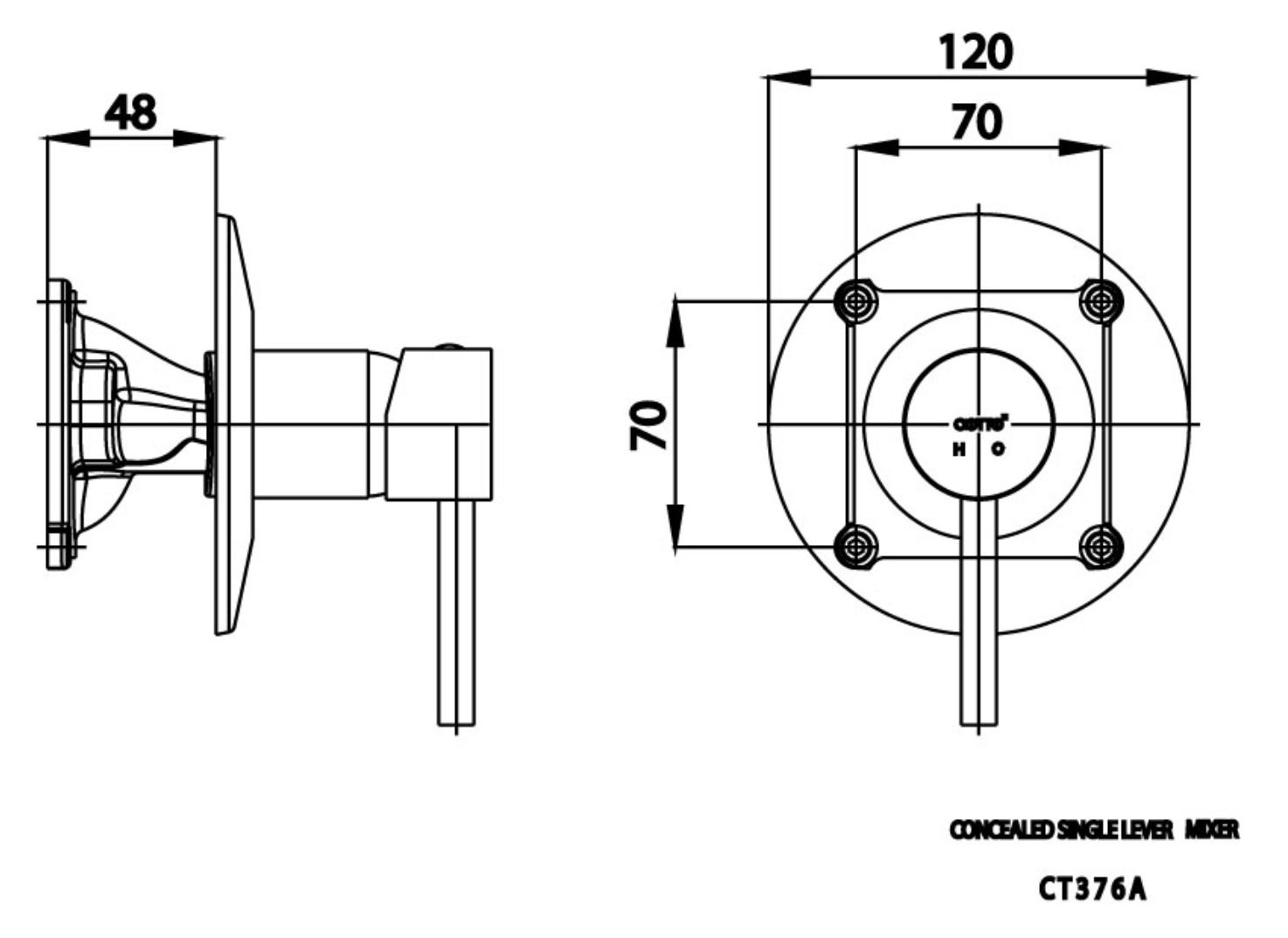 Bản vẽ kỹ thuật van điều chỉnh nhiệt độ sen âm tường nóng lạnh COTTO CT376A 1 đường nước