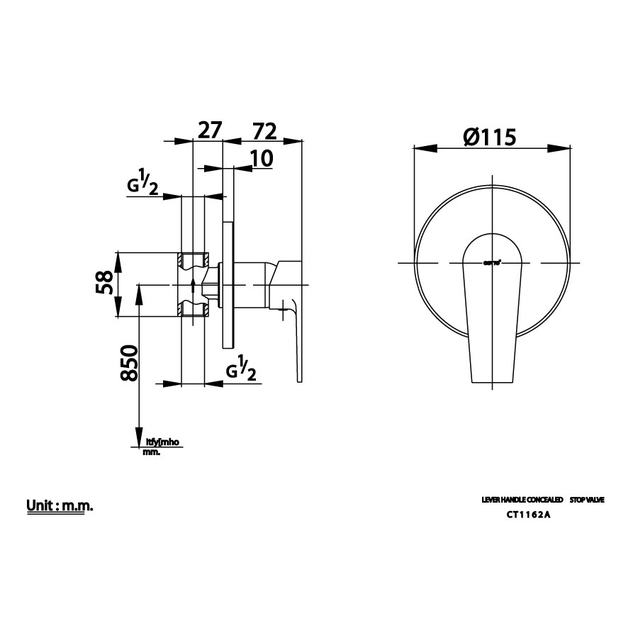 Bản vẽ kỹ thuật van điều chỉnh âm tường COTTO lạnh CT1162A 1 đường nước
