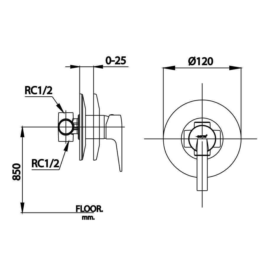 Bản vẽ kỹ thuật van điều chỉnh âm tường COTTO lạnh CT1233A 1 đường nước