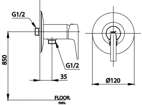 Bản vẽ kỹ thuật củ sen tắm COTTO gắn tường lạnh CT1234A