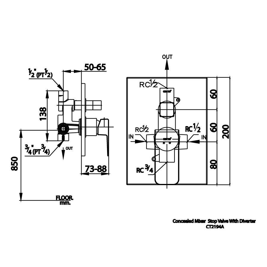 Bản vẽ kỹ thuật van điều chỉnh âm tường nóng lạnh COTTO CT2194A 2 đường nước