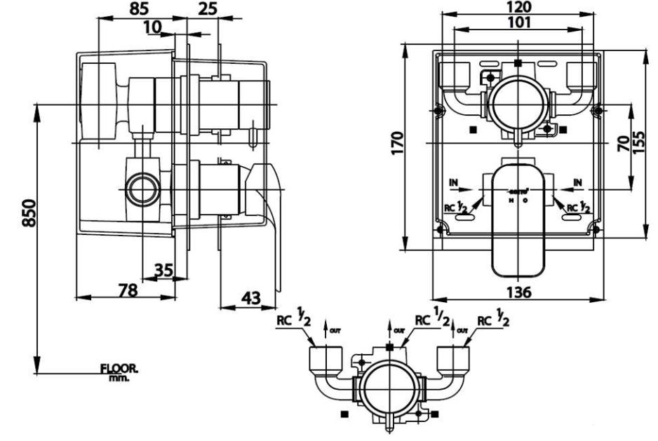 Van điều chỉnh âm tường COTTO CT2244A nhiệt độ nóng lạnh kèm van chuyển hướng 3 đường nước Scirocco