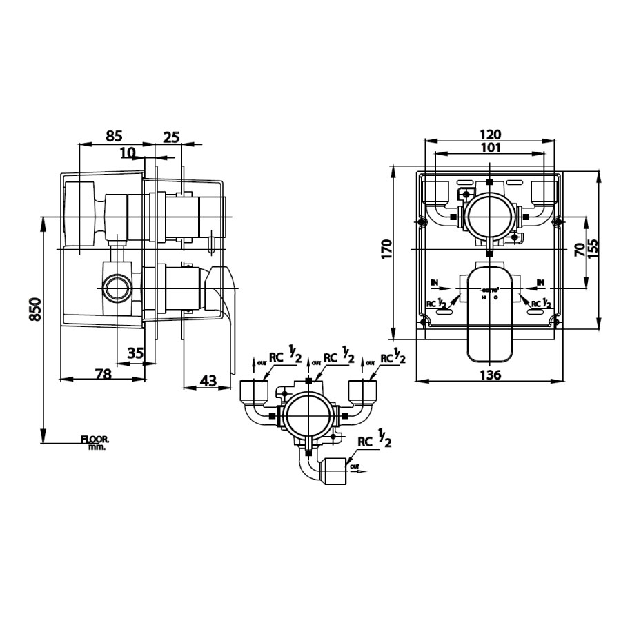 Van điều chỉnh âm tường COTTO CT2245A nhiệt độ nóng lạnh kèm van chuyển hướng 4 đường nước Scirocco