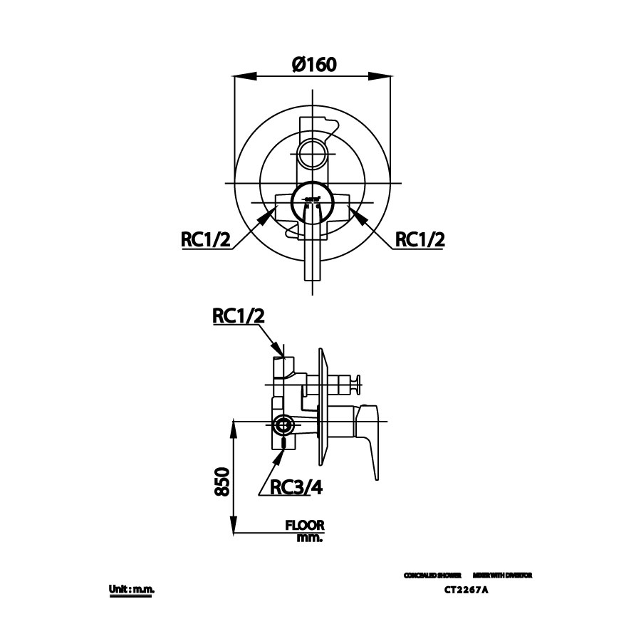 Bản vẽ kỹ thuật van điều chỉnh sen âm tường nóng lạnh COTTO CT2267A 2 đường nước