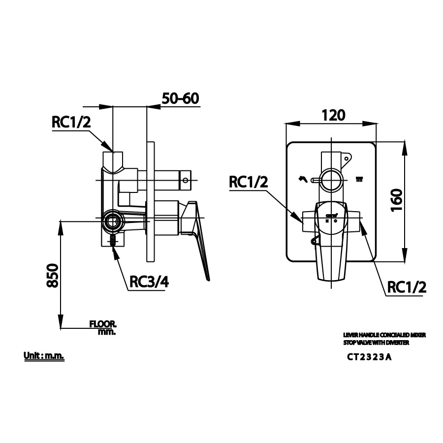 Van điều chỉnh âm tường COTTO CT2323A nóng lạnh kèm van chuyển hướng 2 đường nước Essentia