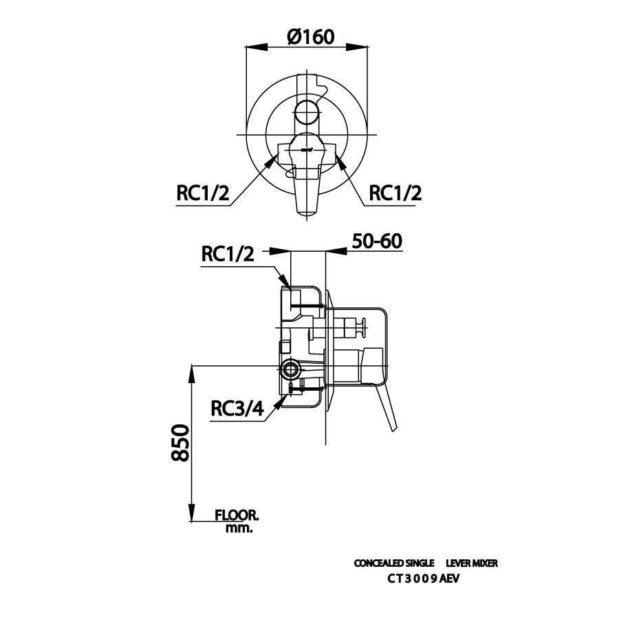 Bản vẽ kỹ thuật van điều chỉnh sen tắm âm tường nóng lạnh COTTO CT3009AEV 2 đường nước
