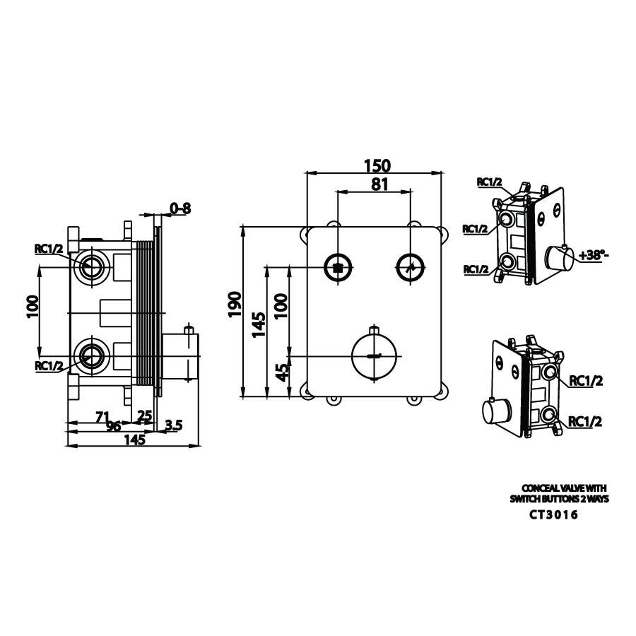 Van điều chỉnh âm tường COTTO CT3016 nhiệt độ nóng lạnh kèm van chuyển hướng 2 đường nước Switch