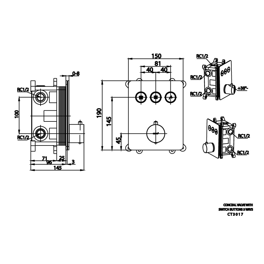 Van điều chỉnh âm tường COTTO CT3017 nhiệt độ nóng lạnh kèm van chuyển hướng 3 đường nước Switch