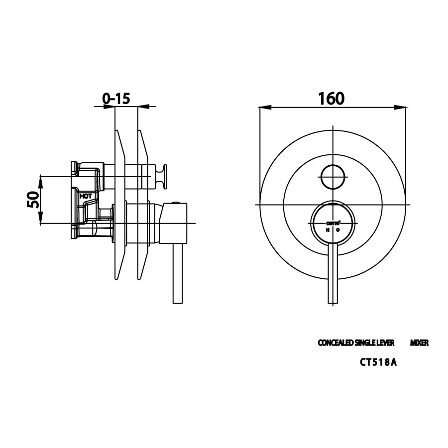 Bản vẽ kỹ thuật van điều chỉnh nhiệt đọ sen tắm âm tường nóng lạnh COTTO CT518A 2 đường nước