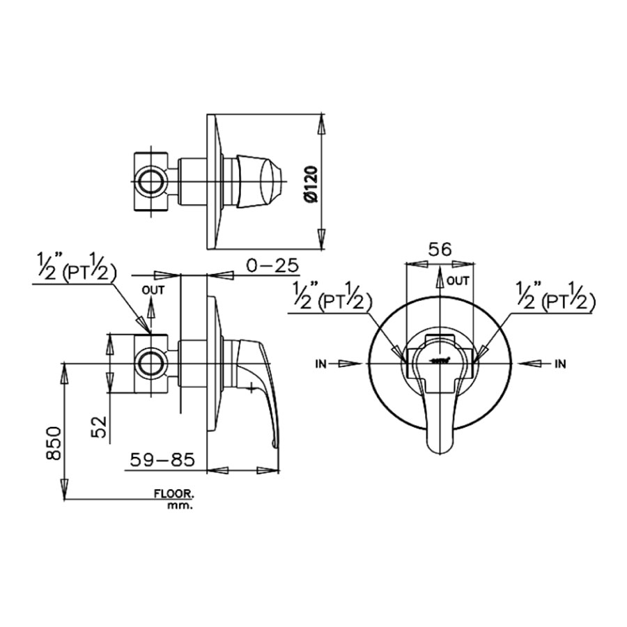 Bản vẽ kỹ thuật van điều chỉnh nhiệt độ sen tắm âm tường nóng lạnh COTTO CT599A 1 đường nước