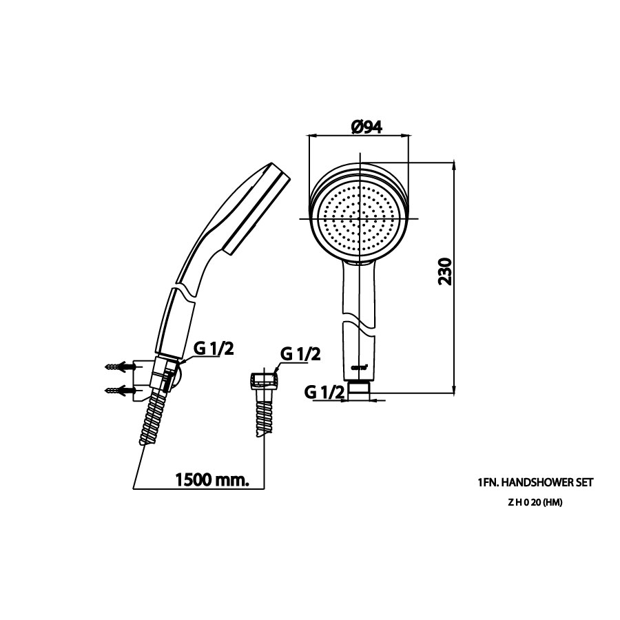 Bản vẽ kỹ thuật tay sen tắm COTTO 1 chức năng ZH020(HM)