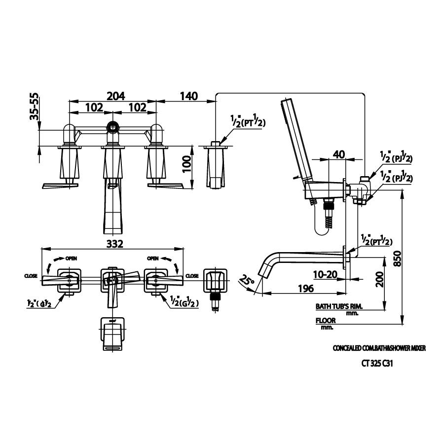 Van điều chỉnh âm tường nóng lạnh kèm van chuyển hướng 2 đường nước Glacier COTTO CT325C31