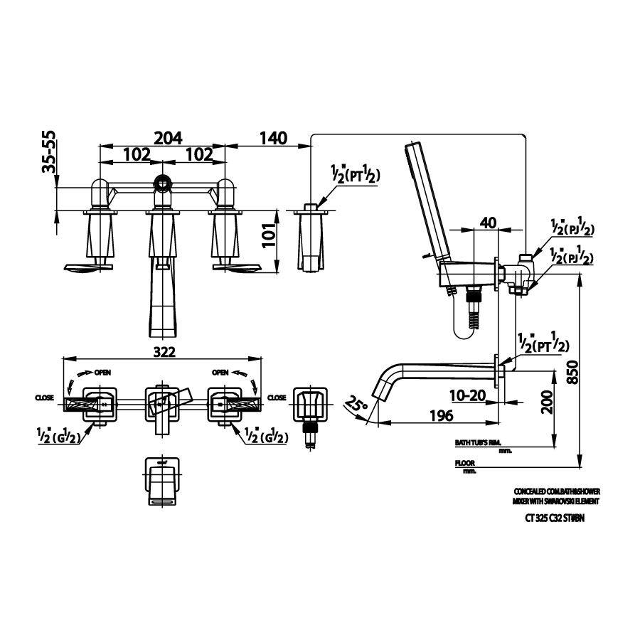 Van điều chỉnh âm tường nóng lạnh kèm van chuyển hướng 2 đường nước Glacier COTTO CT325C32ST#BN