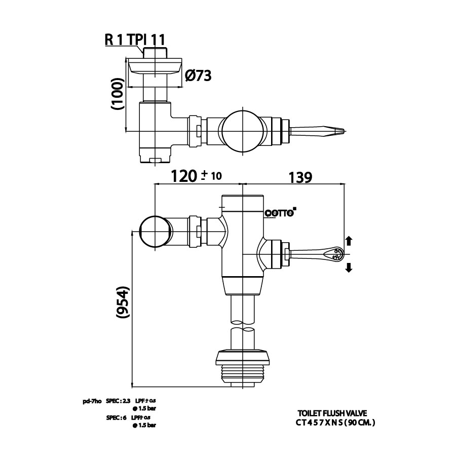 Bản vẽ kỹ thuật van xả trực tiếp dành cho bàn cầu COTTO CT457XNS(90CM)