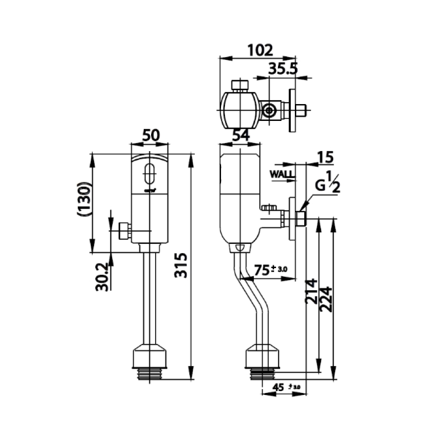 Van xả tiểu nam COTTO CT4803S cảm ứng dùng pin có nút xả cơ