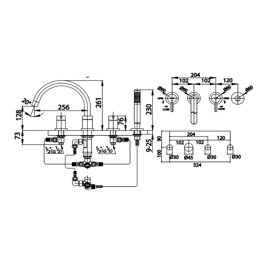 Bộ vòi xả bồn tắm COTTO CT337YS45 4 lỗ nóng lạnh xây bệ Anthony