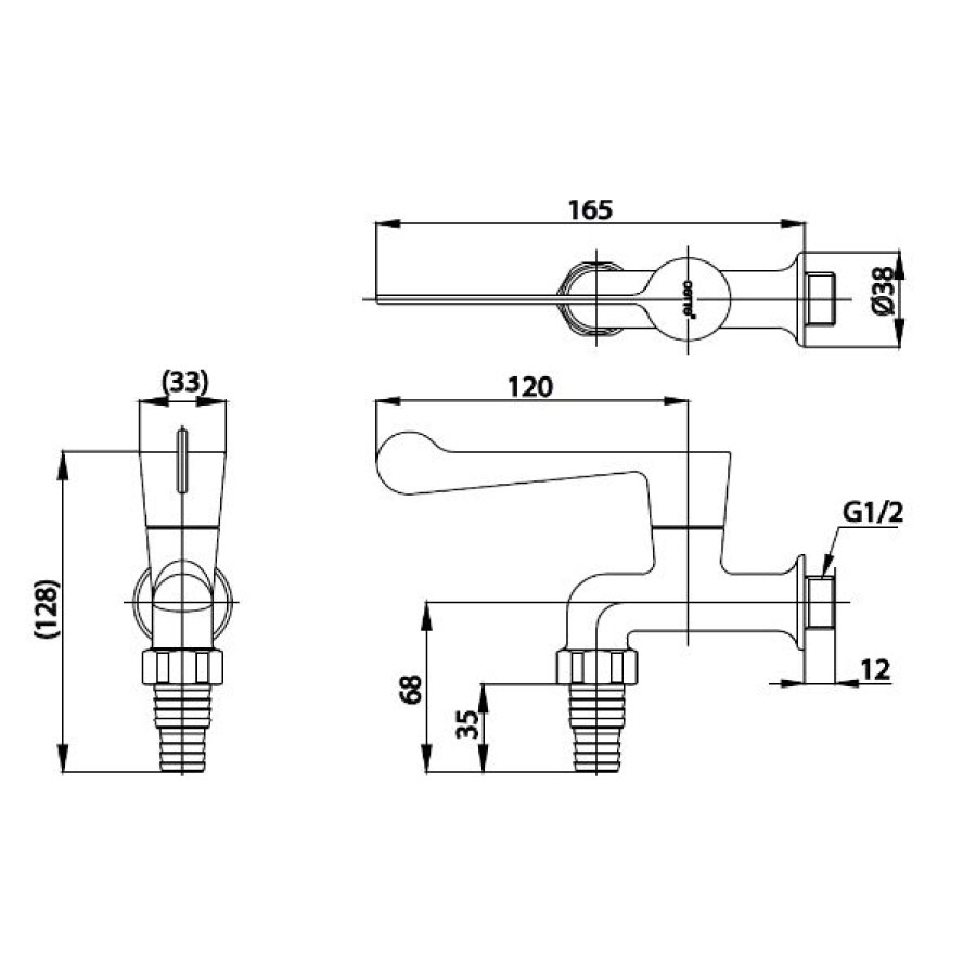 Bản vẽ kỹ thuật vòi nước lạnh gắn tường COTTO CT1152C36