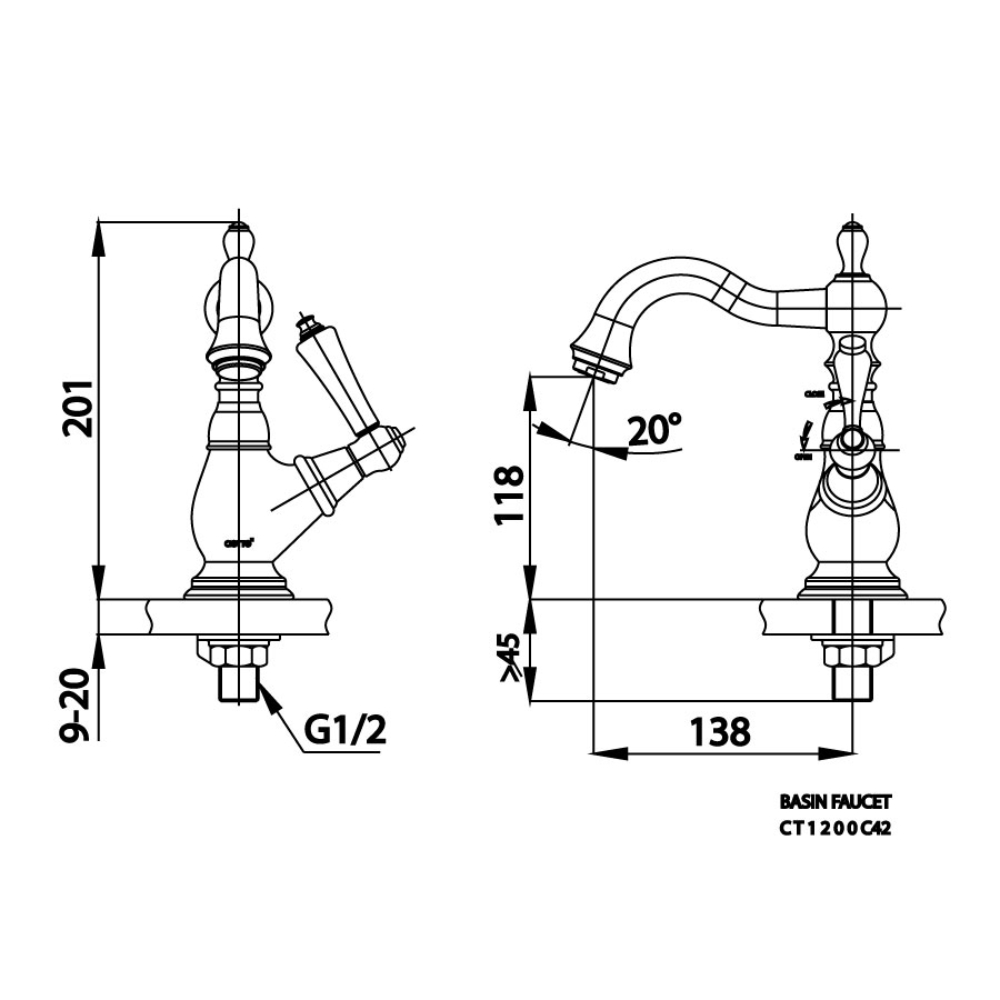 Vòi chậu lavabo COTTO CT1200C42 / CT1200C42#GR nước lạnh Glamis