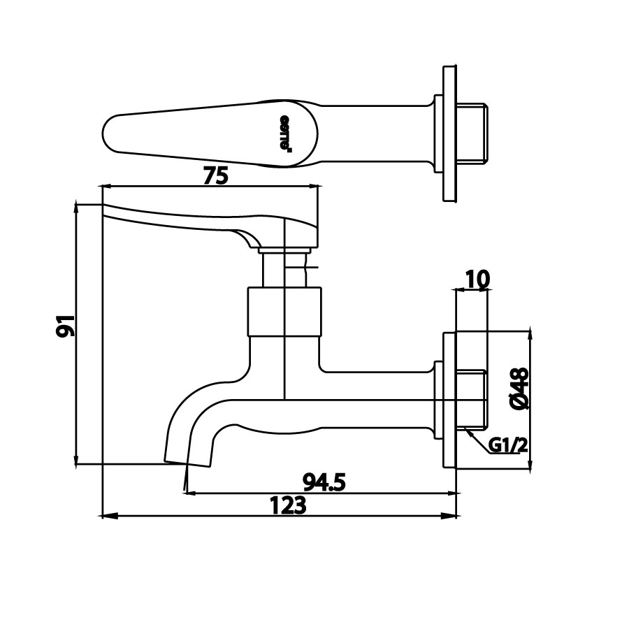 Bản vẽ kỹ thuật vòi lạnh gắn tường COTTO CT1252(HM)