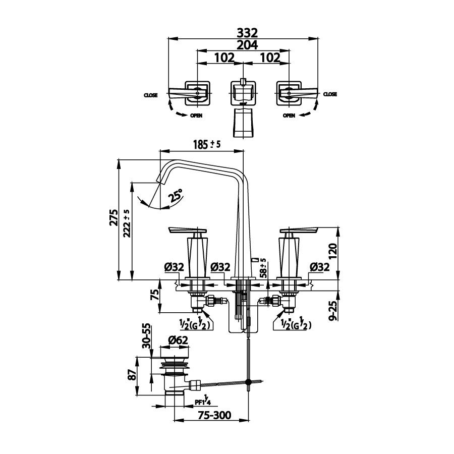 Vòi chậu lavabo COTTO CT2120C31 nóng lạnh 3 lỗ Glacier