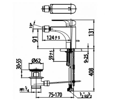 Bản vẽ kỹ thuật vòi lavabo nóng lạnh COTTO dành cho bồn tiểu nữ CT2143A