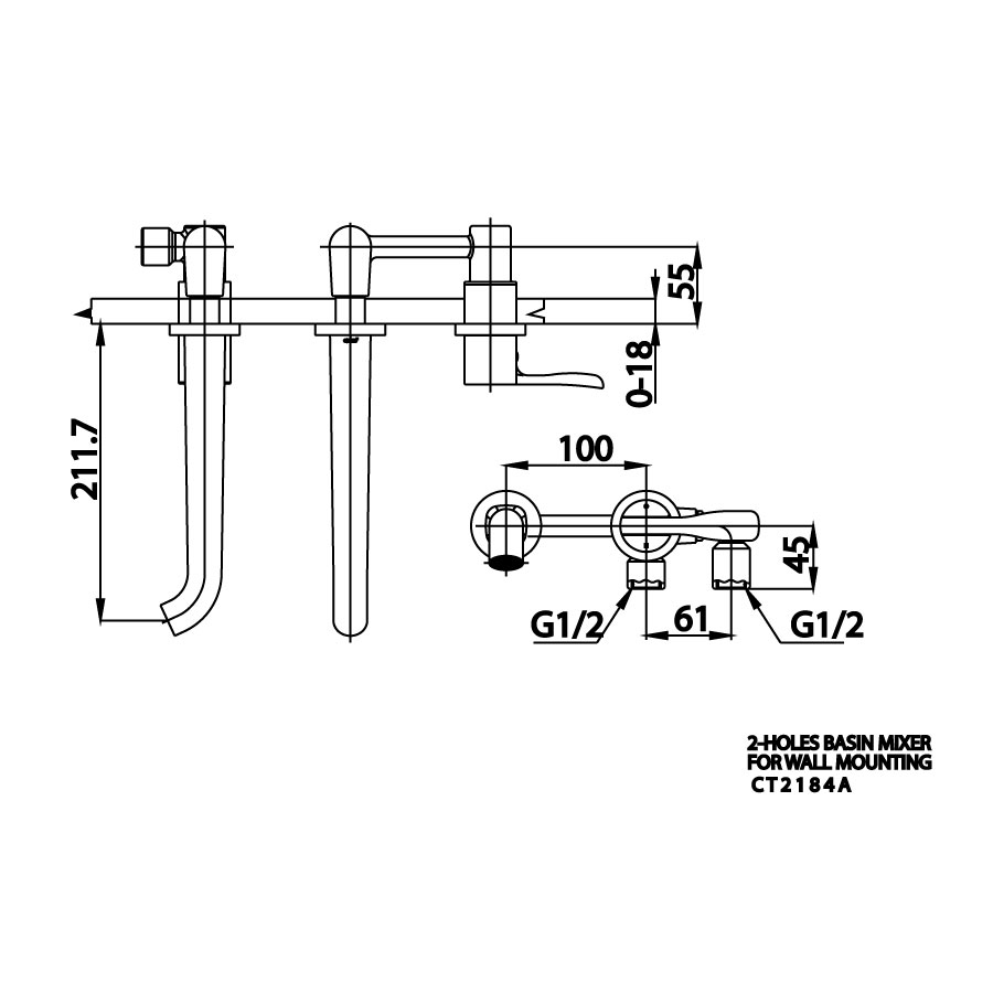 Bản vẽ kỹ thuật vòi lavabo nóng lạnh COTTO gắn tường CT2184A