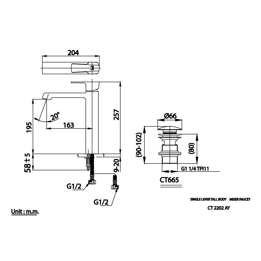 Vòi chậu lavabo COTTO CT2202AY nóng lạnh thân cao Cubic