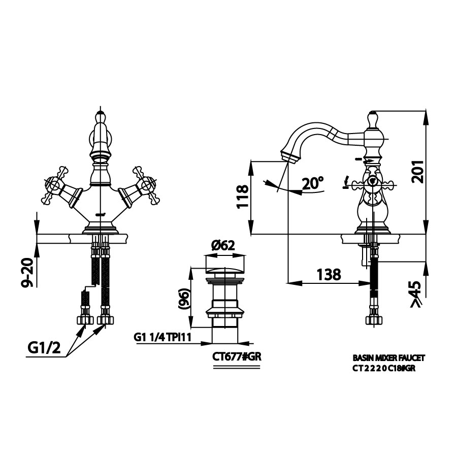 Vòi chậu lavabo COTTO CT2220C18#GR nóng lạnh màu vàng Glamis