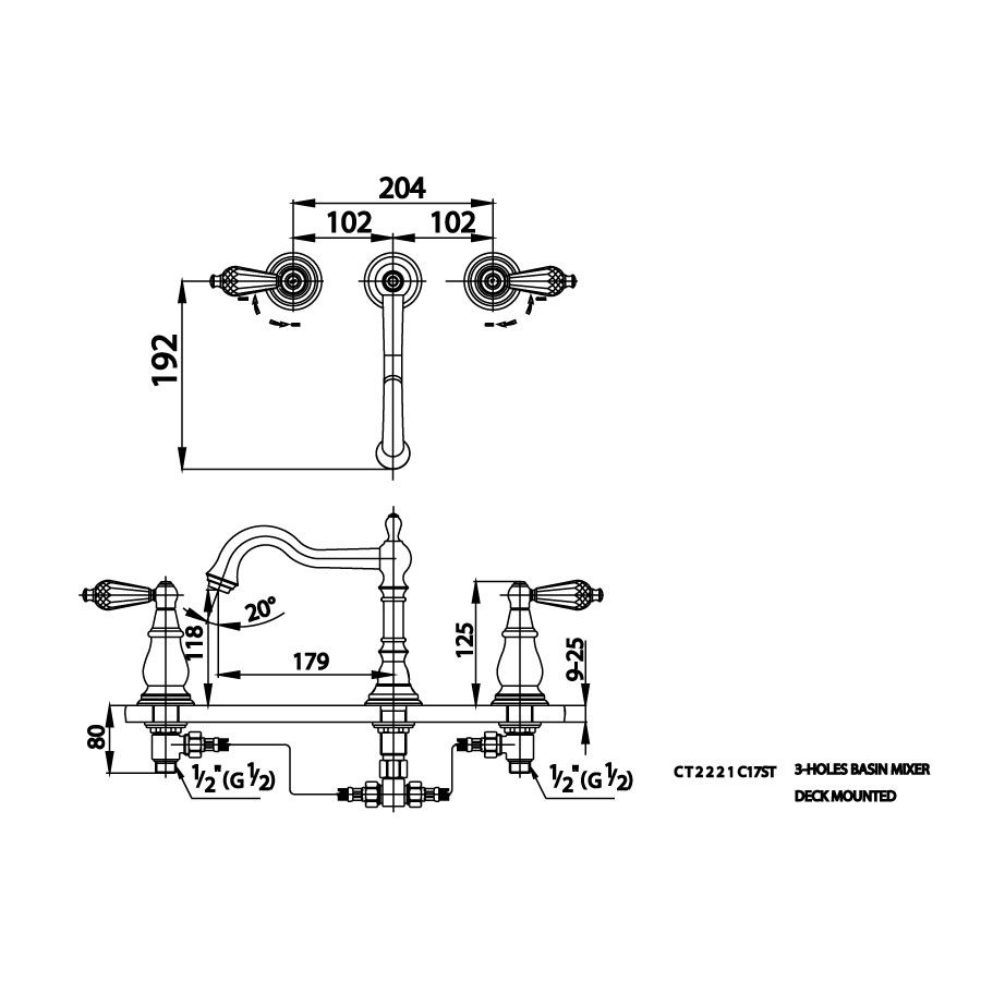 Vòi chậu lavabo COTTO CT2221C17ST nóng lạnh 3 lỗ Glamis