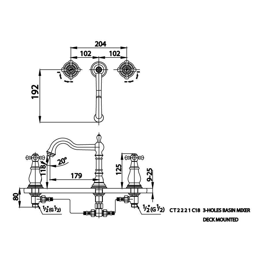 Vòi chậu lavabo COTTO CT2221C18 nóng lạnh 3 lỗ Glamis