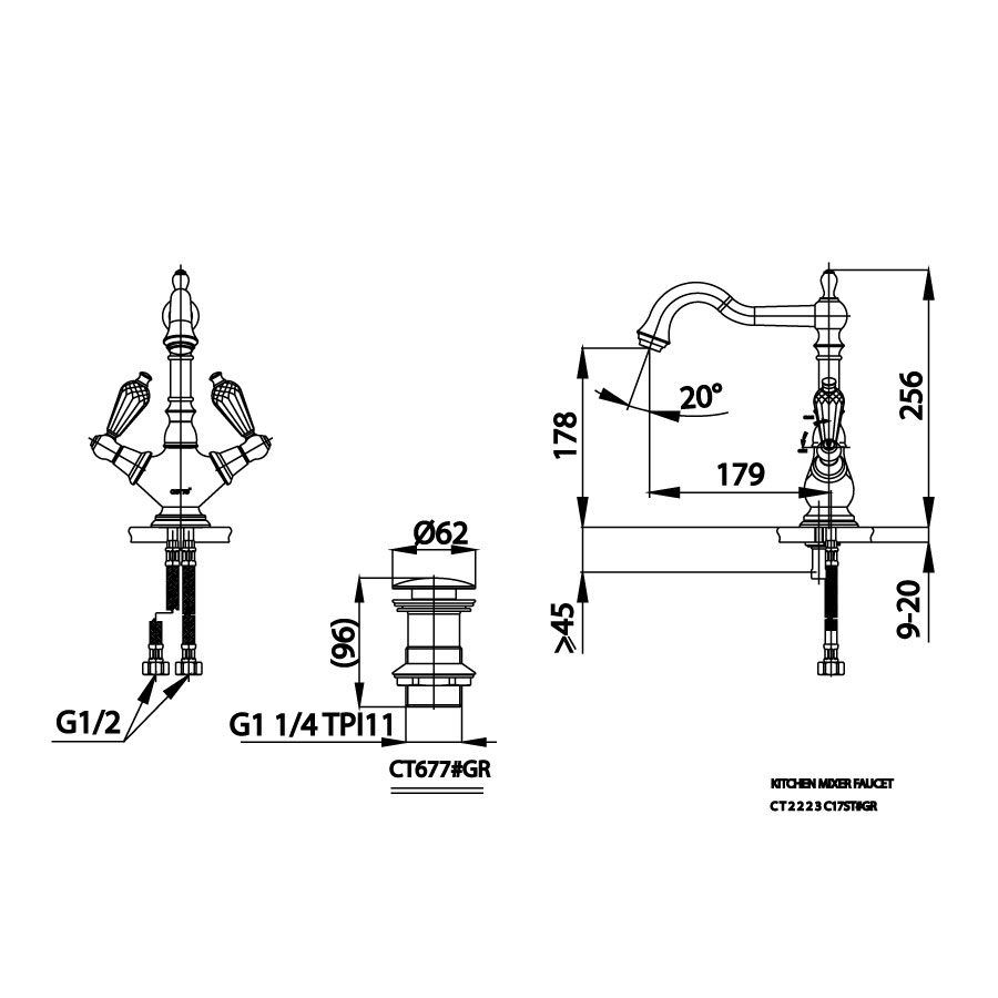 Vòi chậu lavabo COTTO CT2223C17ST#GR nóng lạnh thân cao màu vàng Glamis