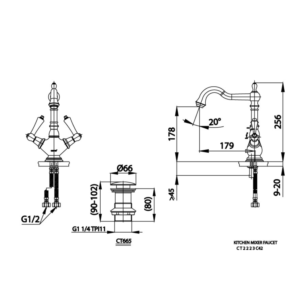 Vòi chậu lavabo COTTO CT2223C42 / CT2223C42#GR nóng lạnh thân cao Glamis