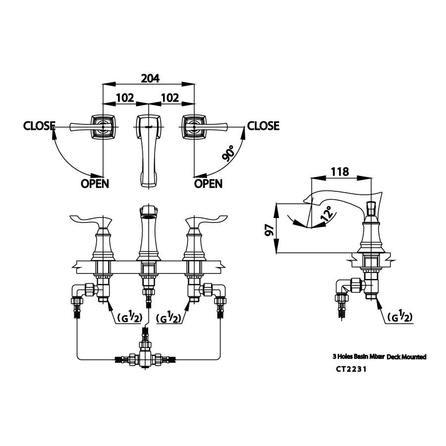 Vòi chậu lavabo COTTO CT2231 nóng lạnh 3 lỗ Everett