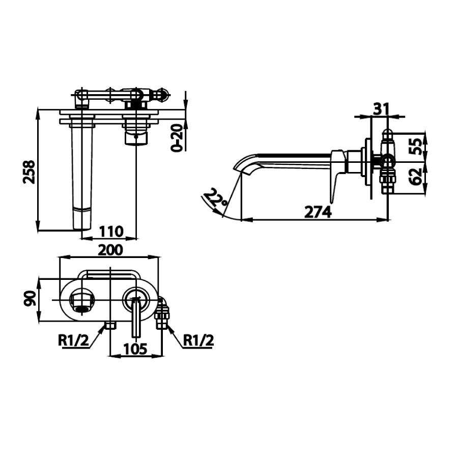 Bản vẽ kỹ thuật vòi lavabo nóng lạnh COTTO gắn tường CT2263A