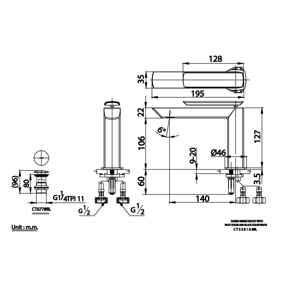Vòi chậu lavabo COTTO CT2281A#BL nóng lạnh màu đen Skive