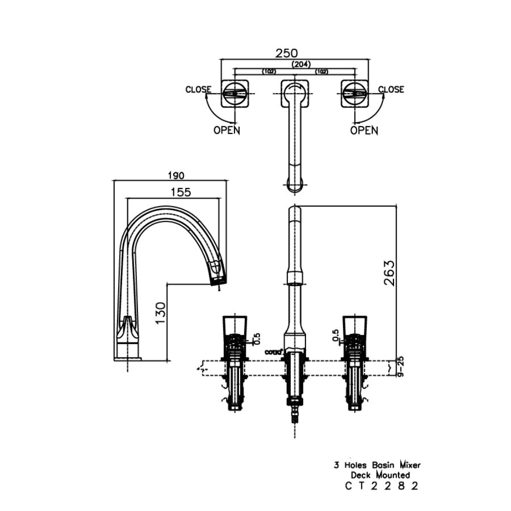 Vòi chậu lavabo COTTO CT2282C45 / BLGR / CG nóng lạnh 3 lỗ Crescent