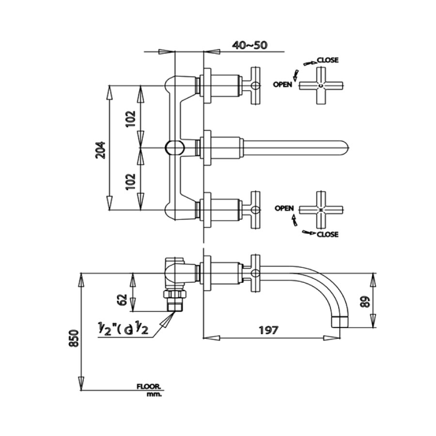 Bản vẽ kỹ thuật vòi lavabo nóng lạnh COTTO gắn tường CT237C16