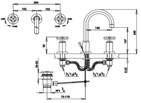 Vòi lavabo nóng lạnh COTTO 3 lỗ CT238C16