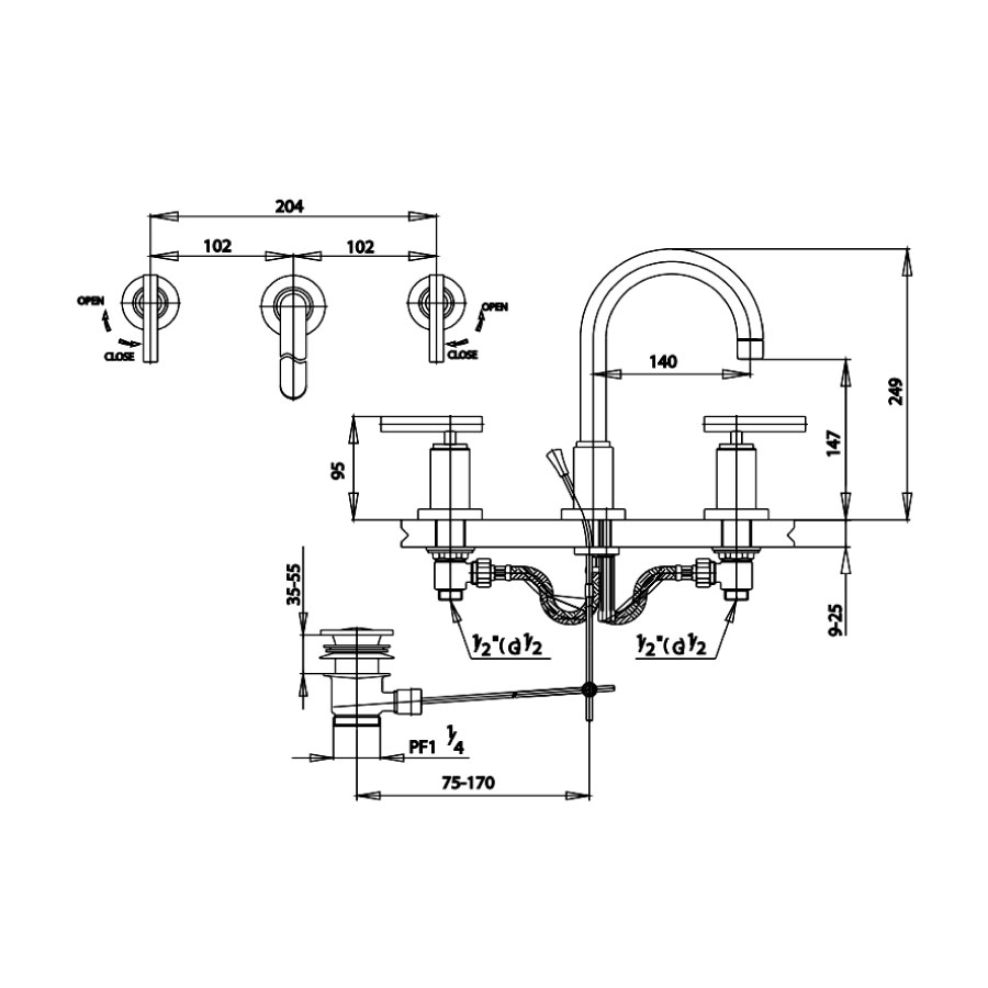 Vòi chậu lavabo COTTO CT238C20 nóng lạnh 3 lỗ Cross