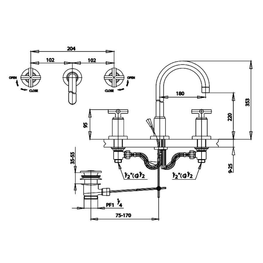 Vòi chậu lavabo COTTO CT238YC16 nóng lạnh 3 lỗ Cross