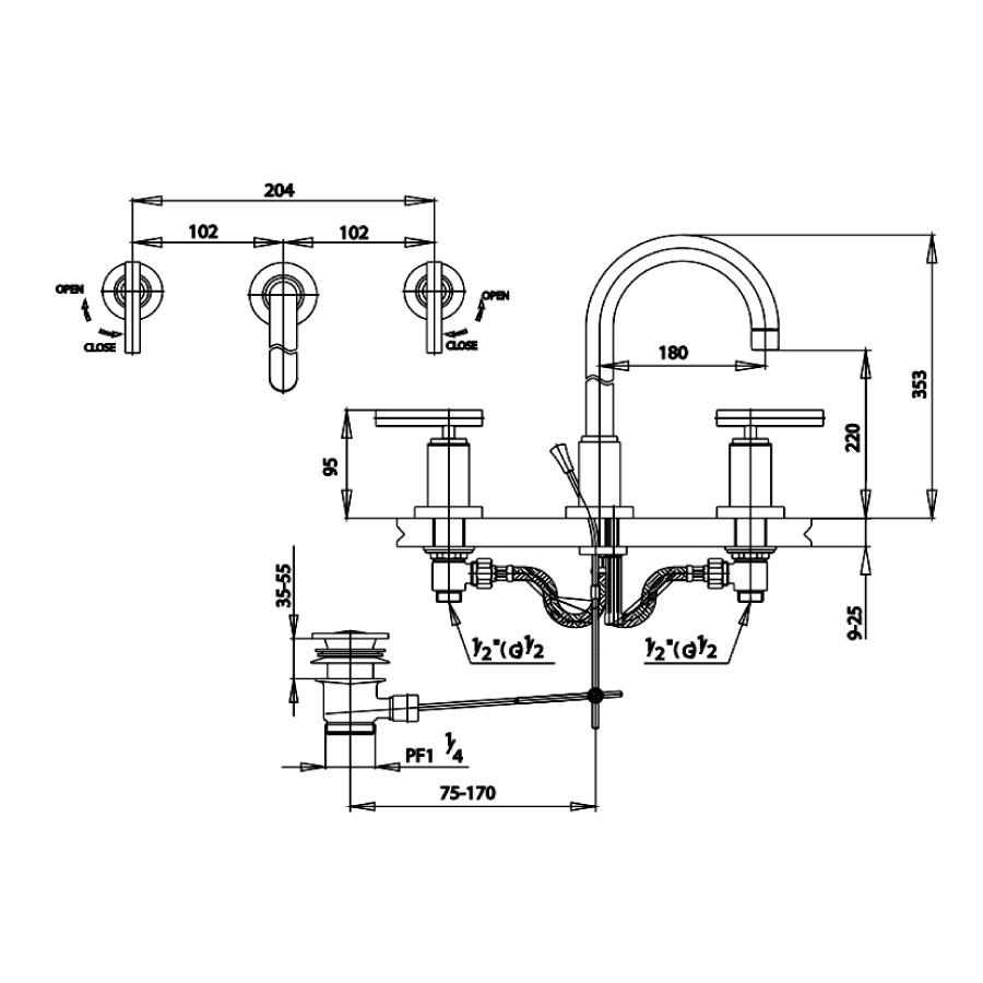 Vòi chậu lavabo COTTO CT238YC20 nóng lạnh 3 lỗ Cross