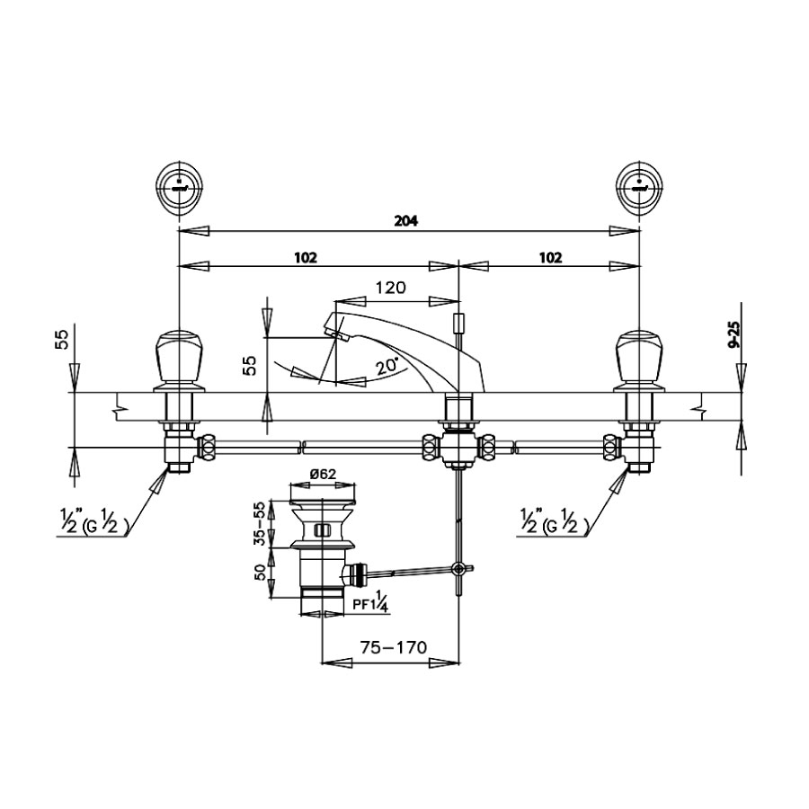Vòi chậu lavabo COTTO CT271C11 nóng lạnh 3 lỗ New Century