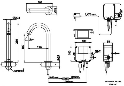 Bản vẽ kỹ thuật vòi lavabo cảm ứng COTTO dùng điện CT4912AC