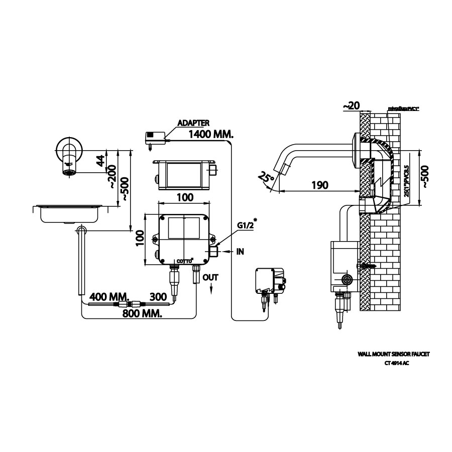 Vòi chậu lavabo COTTO CT4914AC / CT4914DC cảm ứng nước lạnh gắn tường