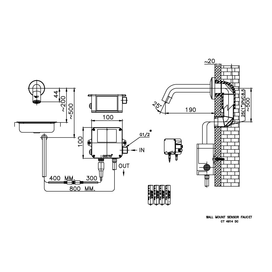 Vòi chậu lavabo COTTO CT4914AC / CT4914DC cảm ứng nước lạnh gắn tường