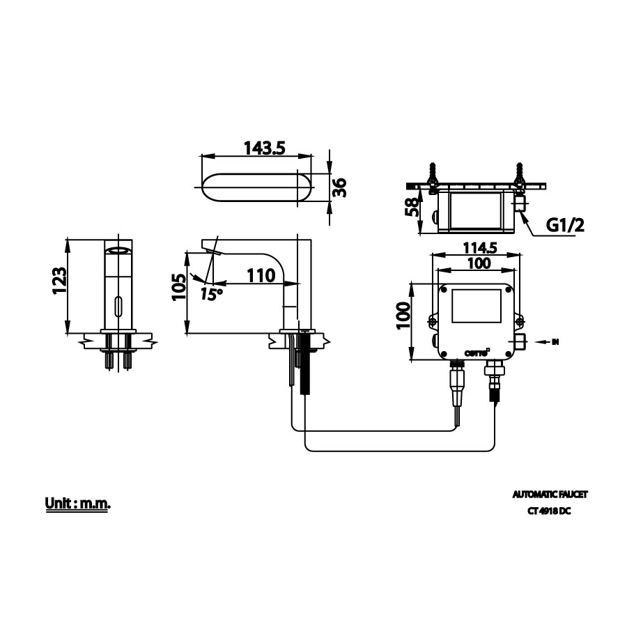 Bản vẽ kỹ thuật vòi lavabo cảm ứng COTTO dùng điện CT4918AC