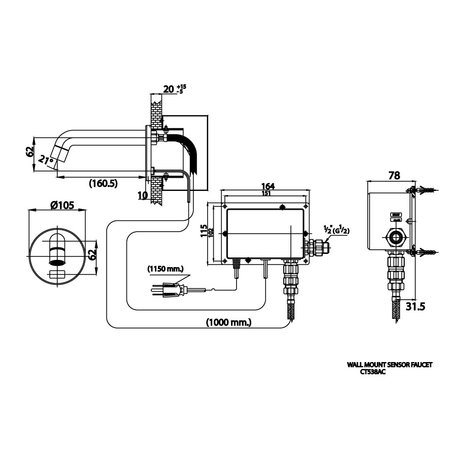Vòi chậu lavabo COTTO CT538AC cảm ứng nước lạnh gắn tường dùng điện