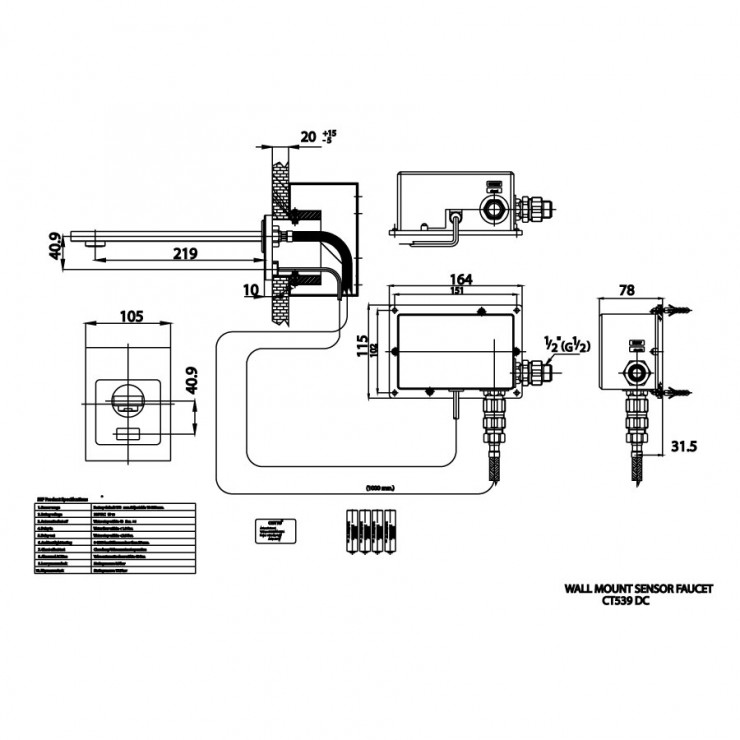 Vòi chậu lavabo COTTO CT539DC(LD) cảm ứng lạnh gắn tường (dùng pin)